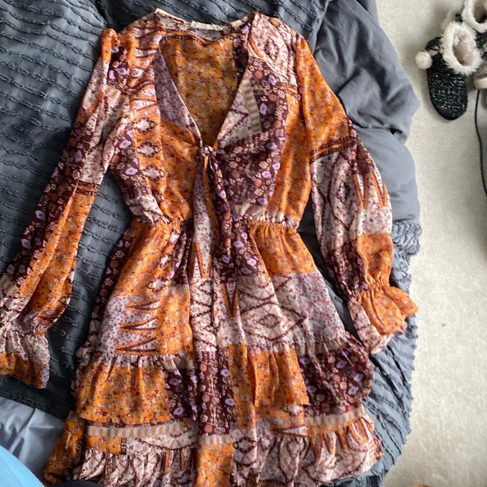 Orange Patchwork Front Tie Dress - image 2